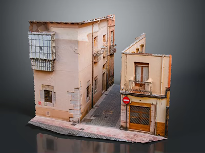 Miniature Old Town Building Model With Narrow Alleyway Red Stop Sign And Balconies 3d model
