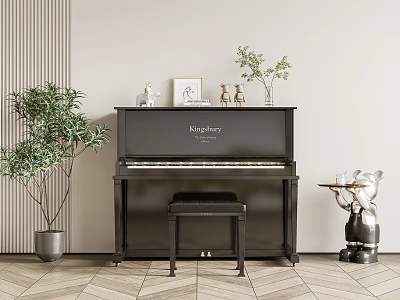 Black Piano and Picture Frame Decor with Green Plants and Small Ornaments in Modern Room 3d model