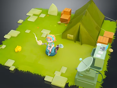 Cartoon Character In Green Grass Field With Green Tent Wooden Crates And Satellite Dish 3d model