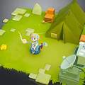 Cartoon Character In Green Grass Field With Green Tent Wooden Crates And Satellite Dish