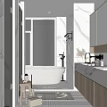 Modern Bathroom Interior Design With Marble Vanity Bathtub And Wooden Cabinets Mirror And Blinds