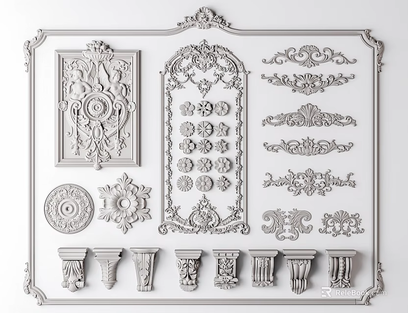 Ornamental Carvings Collection With Decorative Panels Circular Motifs And Column Capitals 3d model 