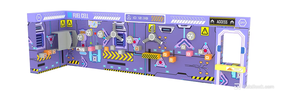 Futuristic Purple Control Panel With Buttons Knobs Warning Signs And Circuits 3d model
