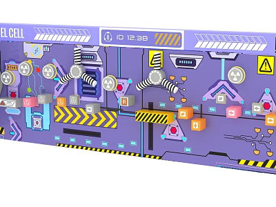 Futuristic Purple Control Panel With Buttons Knobs Warning Signs And Circuits 3d model