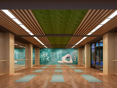 Yoga Studio Fitness Space With Green Ceiling Wooden Flooring Yoga Mats And Mirrors 3d model
