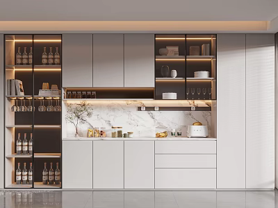 Modern Wine Cabinet Design In Kitchen With Marble Countertop And Wine Bottles 3d model