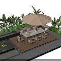 Outdoor Table And Chairs Set With Brown Umbrella Green Plants And Small Water Pond Design