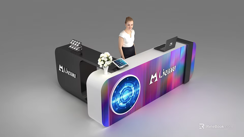 Modern M Venue Reception Desk With Illuminated Circle Flower Vase And Tablet 3d model 