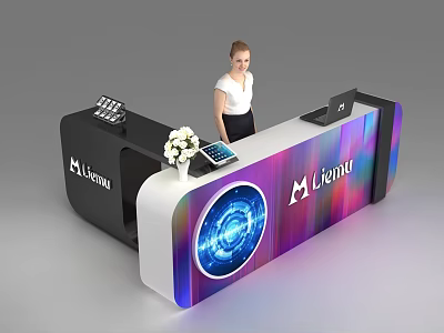 Modern M Venue Reception Desk With Illuminated Circle Flower Vase And Tablet 3d model