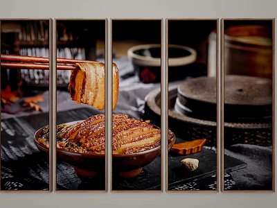 Traditional Braised Pork Belly Being Lifted With Chopsticks In Ceramic Bowl And Stone Mill 3d model