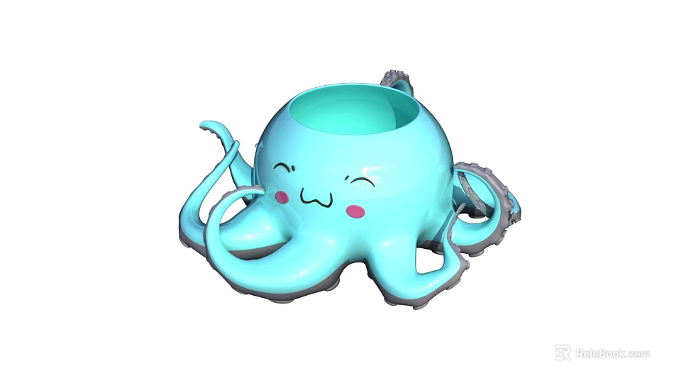 Cute Light Blue Octopus Shaped Cup With Smiling Face And Blush Details 3d model
