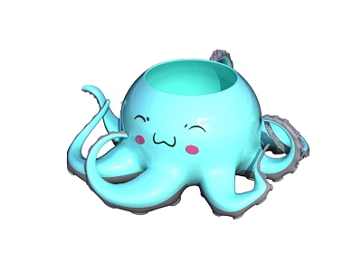 Cute Light Blue Octopus Shaped Cup With Smiling Face And Blush Details 3d model