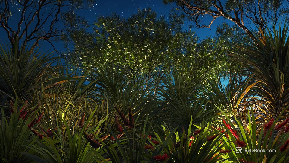 Lush Green Shrubs In Illuminated Night Garden With Red Blooms And Tropical Foliage 3d model 