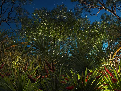 Lush Green Shrubs In Illuminated Night Garden With Red Blooms And Tropical Foliage 3d model