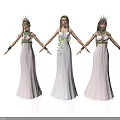 Three Women In White Long Dresses With Crowns Holding Hands Together