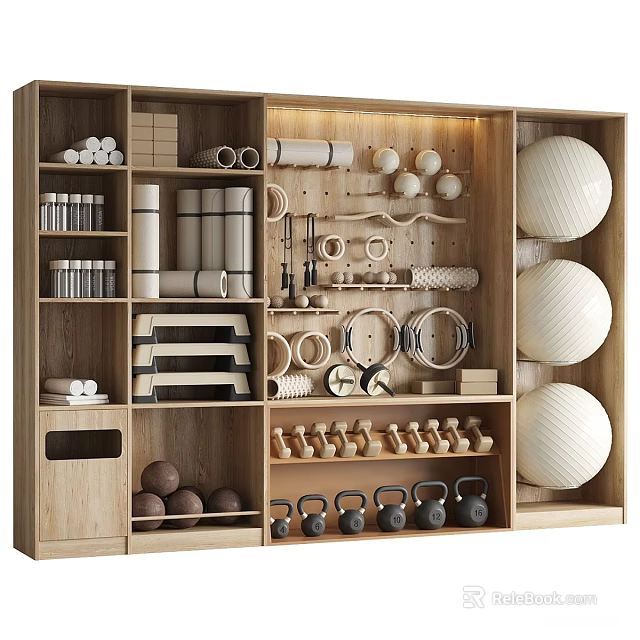 Organized Sports Equipment Storage On Wooden Shelves With Dumbbells Yoga Balls And Fitness Gear 3d model 