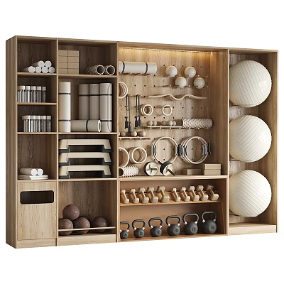 Organized Sports Equipment Storage On Wooden Shelves With Dumbbells Yoga Balls And Fitness Gear 3d model