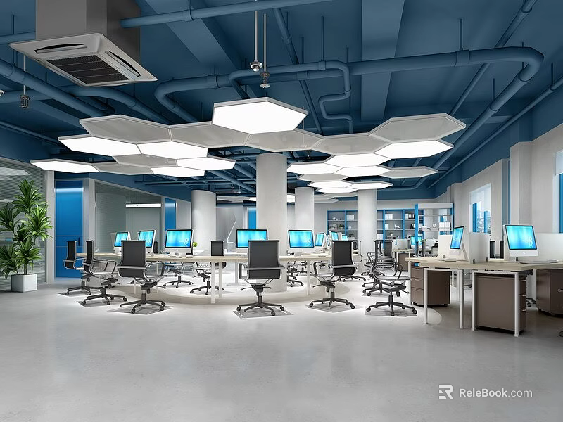 Modern Public Office Space With Open Workstations Computers Office Chairs And Ceiling Lights 3d model