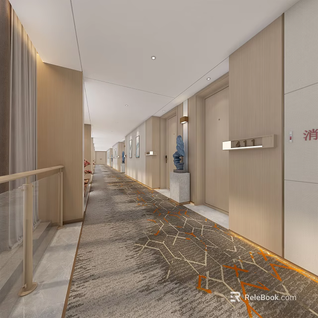 Modern Hotel Corridor with Beige Walls Geometric Patterned Carpet and Soft Lighting 3d model