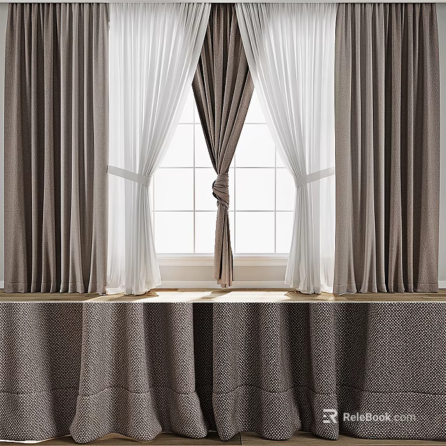 Gray And White Double Layer Tie Top Curtains For Window Decoration 3d model 
