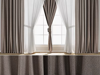 Gray And White Double Layer Tie Top Curtains For Window Decoration 3d model