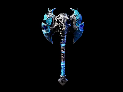 Fantasy Double Bladed Axe With Skull Design And Blue Glowing Accents 3d model