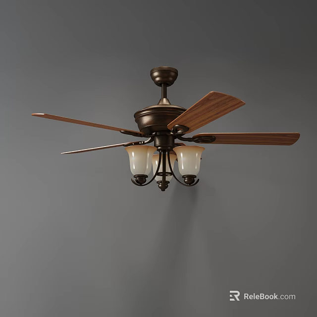 Classic Air Cooling Ceiling Fan With Wooden Blades And Glass Shade Lights In Vintage Design 3d model 