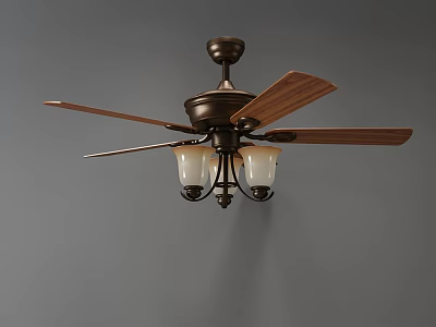 Classic Air Cooling Ceiling Fan With Wooden Blades And Glass Shade Lights In Vintage Design 3d model