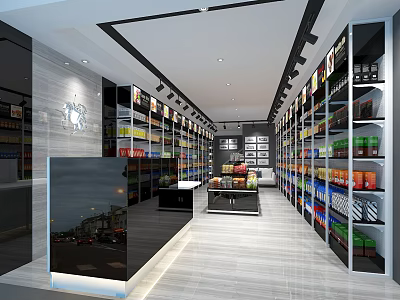 Modern Supermarket Interior With Shelves Full Of Grocery Products And Checkout Counter 3d model