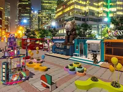 Modern Container Building in Urban Night Scene with Colorful Decorations and Green Plants 3d model