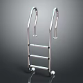 Modern Stainless Steel Staircase with Handrails Steps and Rolling Wheels on Dark Background