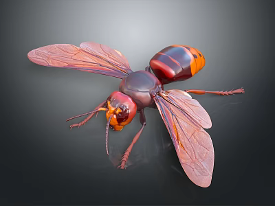 Red And Black Wasp With Transparent Wings Head Compound Eyes Antennae Legs On Dark Background 3d model