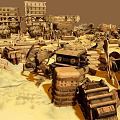 Futuristic Industrial Landscape With Large Mechanical Structures Multi Level Buildings And Vehicle Wrecks