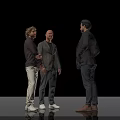 Three Men Standing Together Against Black Background Having Conversation With Different Clothing Styles 3d model