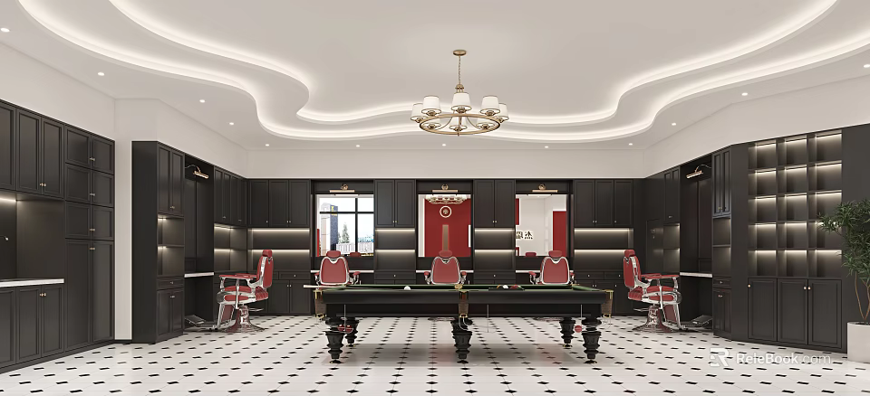Elegant Bar Interior With Pool Table Red Chairs Black Cabinets Chandelier And Tiled Floor 3d model 