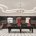 Elegant Bar Interior With Pool Table Red Chairs Black Cabinets Chandelier And Tiled Floor