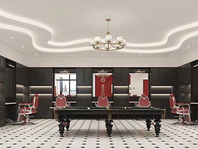 Elegant Bar Interior With Pool Table Red Chairs Black Cabinets Chandelier And Tiled Floor 3d model