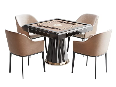 Square Entertainment Table With Four Beige Upholstered Chairs And Black And Golden Legs 3d model