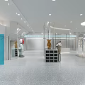 Modern Open Space Clothing Store With Silver Racks Mannequins Display Shelves Blue Columns Terrazzo Flooring