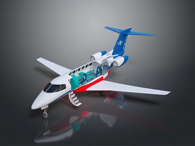 Small Passenger Jet With Blue Red Livery Exposed Interior And Open Stair 3d model