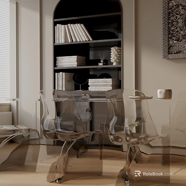 Minimalist Dining Set with Transparent Acrylic Chairs and Bookshelf with Books in Bright Modern Room 3d model 