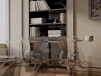 Minimalist Dining Set with Transparent Acrylic Chairs and Bookshelf with Books in Bright Modern Room 3d model