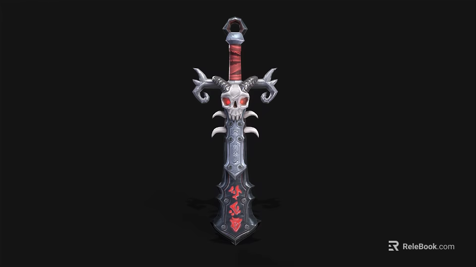 Decorative Fantasy Sword With Skull Embellished Hilt Red Accents And Sharp Metallic Blade 3d model 