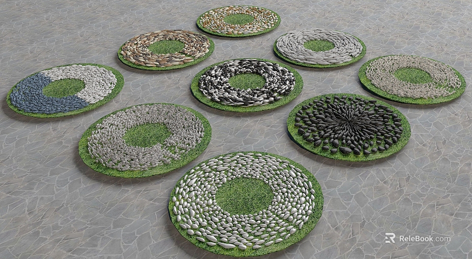 Circular Stepping Stones with Various Stone Materials and Grass Centers on Stone Pavement 3d model 