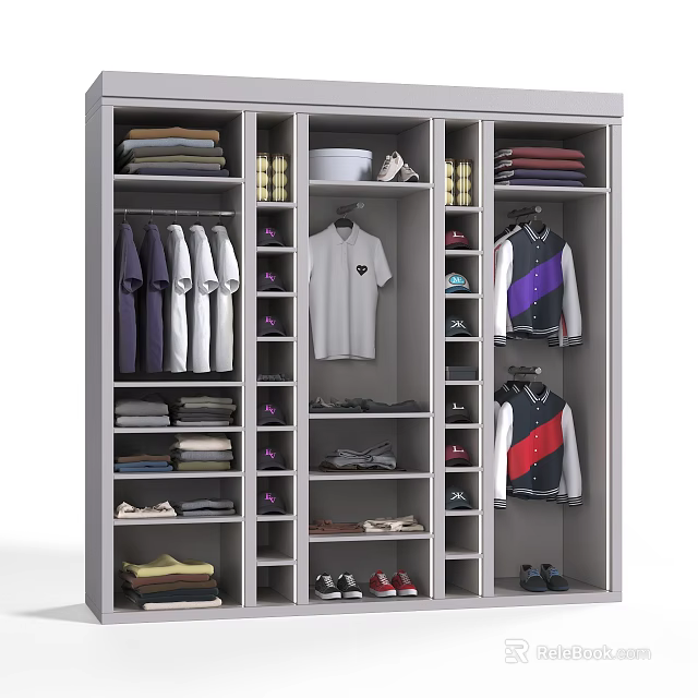 Modern Wardrobe Interior With Hanging Folded Clothes And Shoe Storage Compartments 3d model