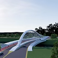 Modern Curved Bridge Design With River Green Grass And Trees Landscape