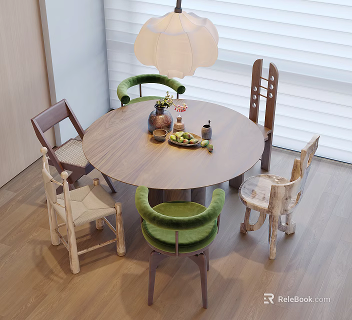 Solid Wood Round Dining Table Set With Unique Stylish Chairs For Cozy Home Dining Space 3d model 