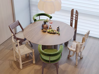 Solid Wood Round Dining Table Set With Unique Stylish Chairs For Cozy Home Dining Space 3d model