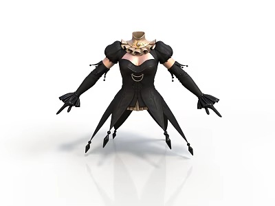 Stylish Black Gothic Clothing With Puffed Sleeves Corset Design Long Gloves And Spiked Hem 3d model