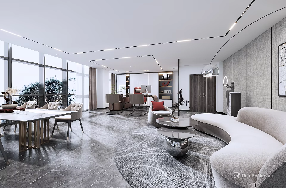 Modern Office Interior Design With Large Windows Sofa Table And Rug 3d model